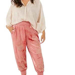 Anthropologie Rosie Embroidered Velvet Joggers Peach Pink Pull On Pants 1X